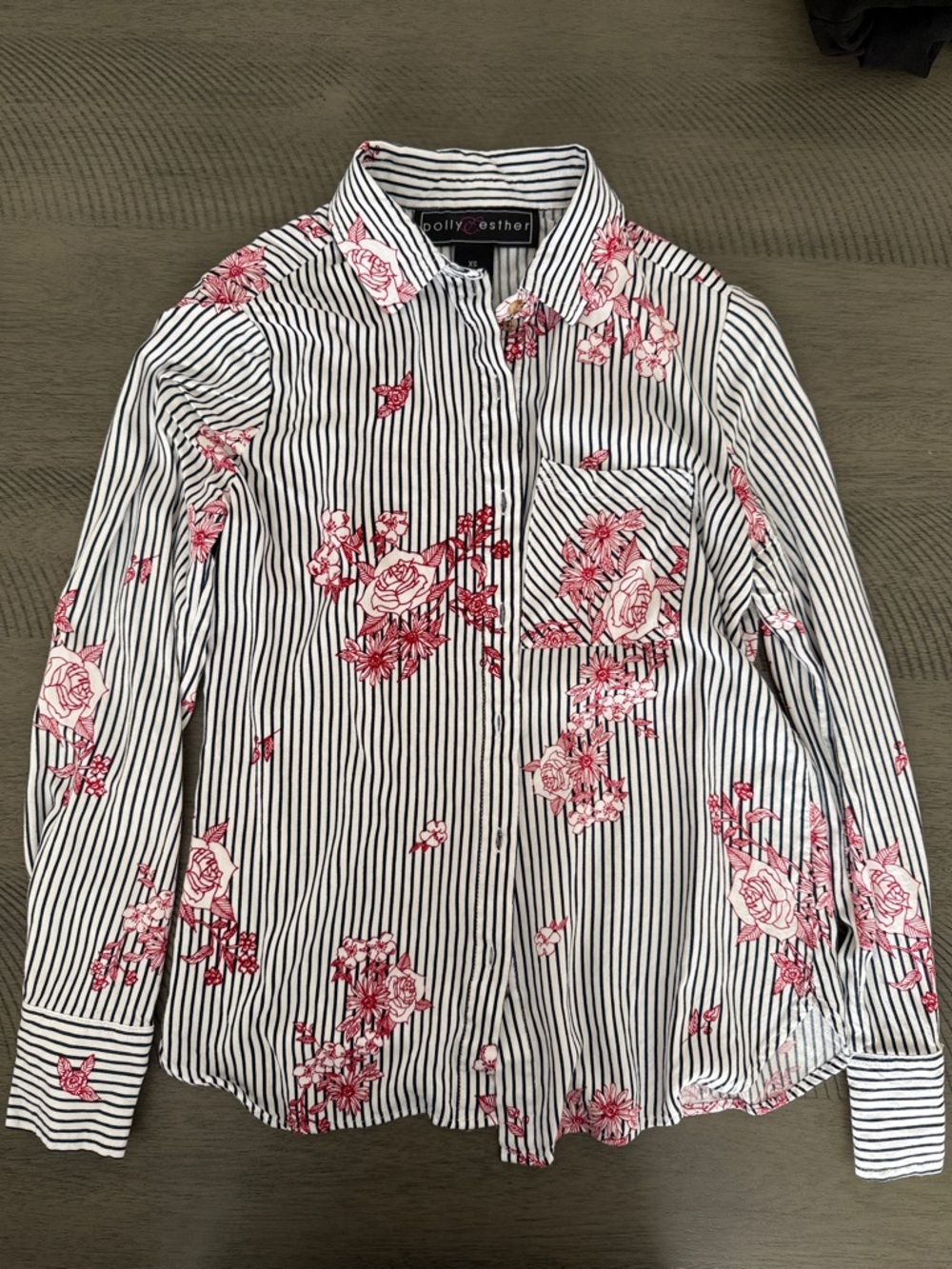 Pink Floral Black & White Stripe Button Up Shirt